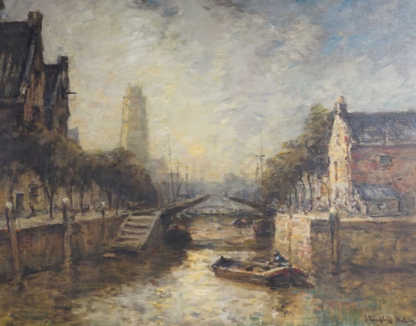 Attribuited to James Campbell Noble (1846-1913), oil on canvas, Dutch canal scene, signed, 40 x 50cm